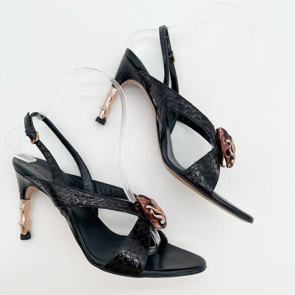 Gucci 2004 Tom Ford Black Python Snakeskin Serpent Head Bamboo Heel Sandals US 6 - Picture 6 of 15